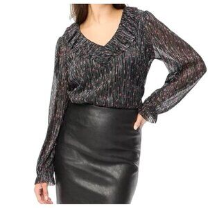 J.Crew Women's Shimmer Ruffle V-Neck Metallic Floral Blouse Size Medium Black